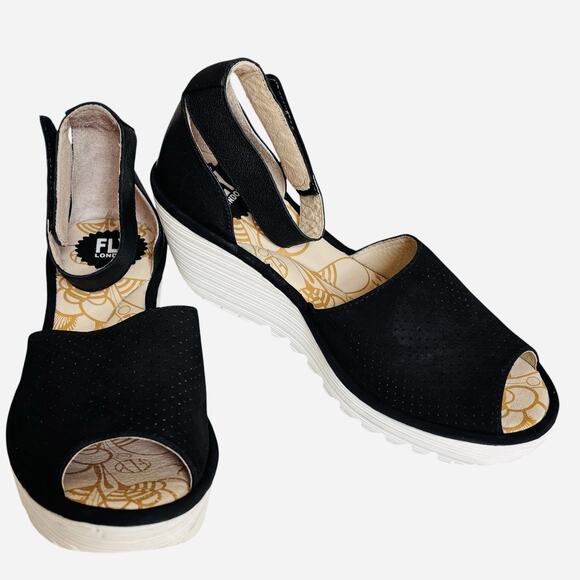 FLY London Yake Perforated Leather Wedge Sandals Black‎ Nubuck Sz 40 White Sole - Picture 15 of 16